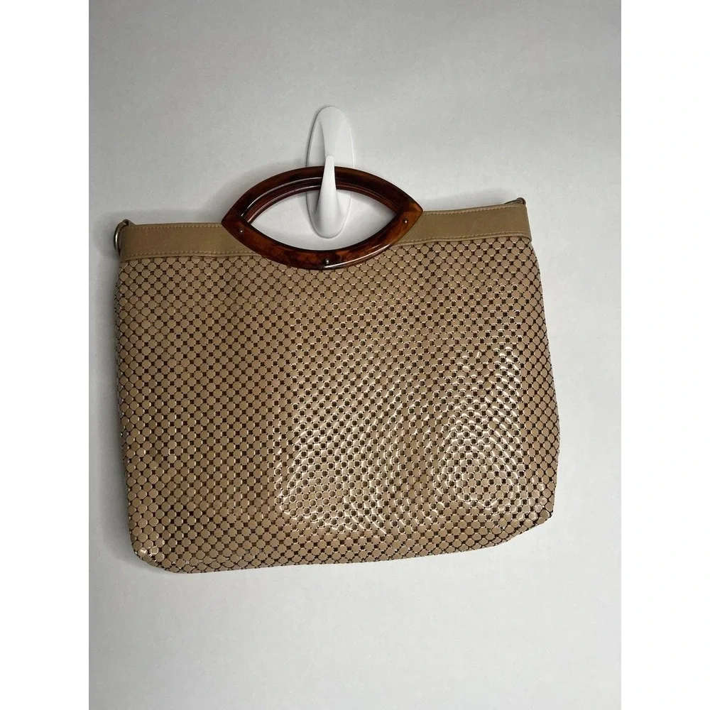 Antique Vintage Whiting & Davis Mesh‎ Metal Hand Bag Beige Taupe Tortoise Handle